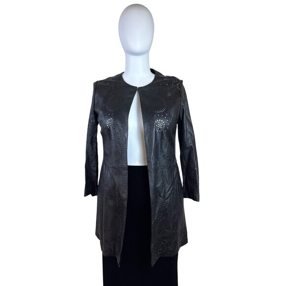 Neiman Marcus Women Black Perforated Leather Jacket Laser Cut Open Front Size XL - Picture 1 of 8